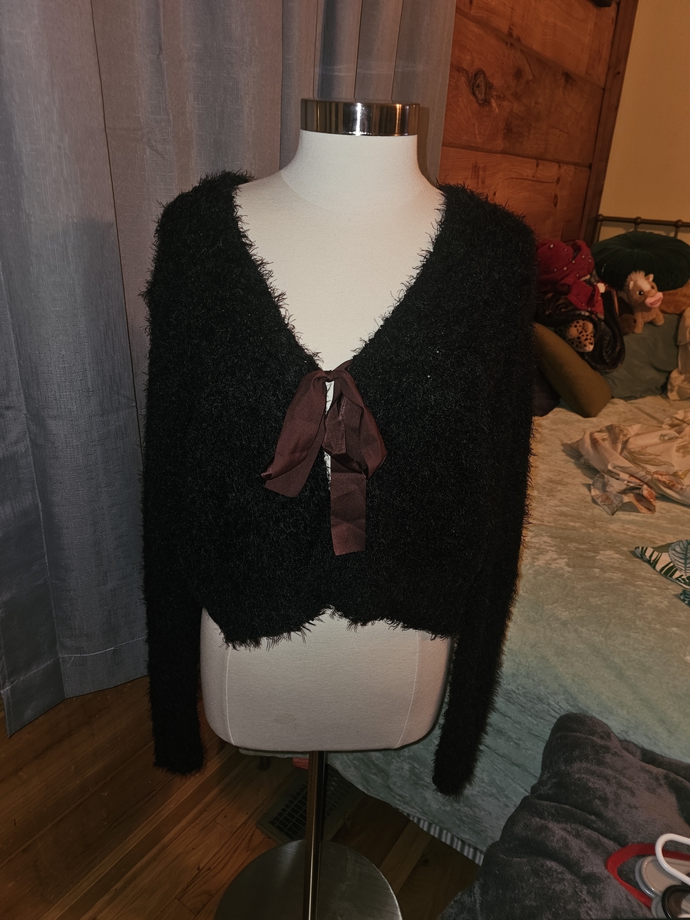 NATURAL LIFE Black Fuzzy V-Neck Sweater with Brown Tie